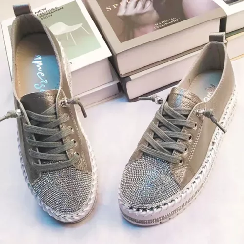 Amiese, Sky Leather Crystal Sneakers, colour Gunmetal Grey as sold here at Fushia Belle.