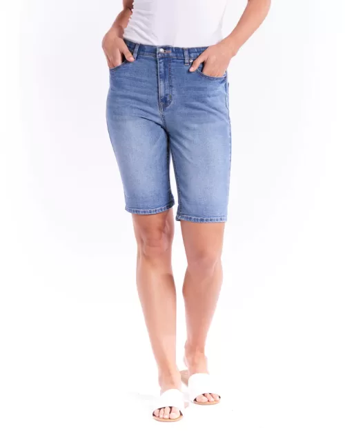 Bonnie Bermuda Denim Shorts - Betty Basics - Blue Denim - Front View - Sold here at Fushia Belle Boutique
