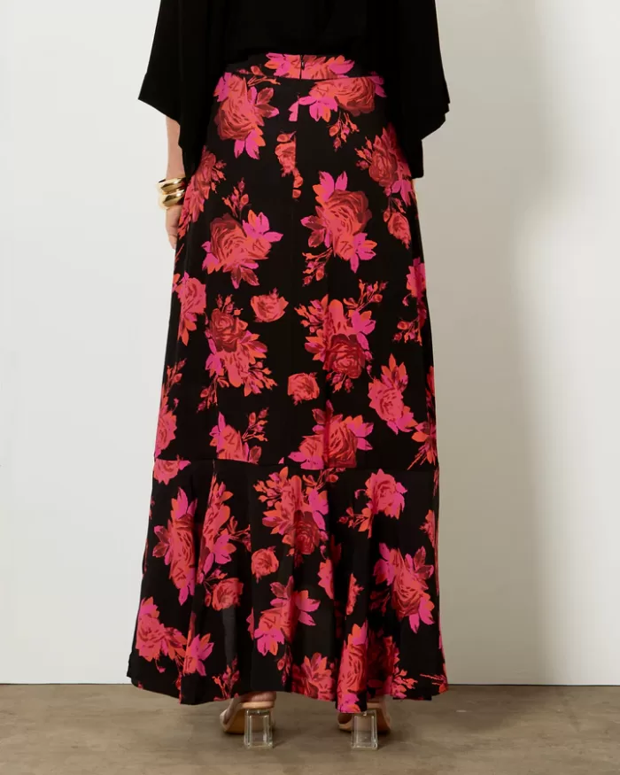 Walk Away Midi Wrap Skirt - Fate & Becker - Pink/Black Punch Floral - Back View - Sold here at Fushia Belle Boutique