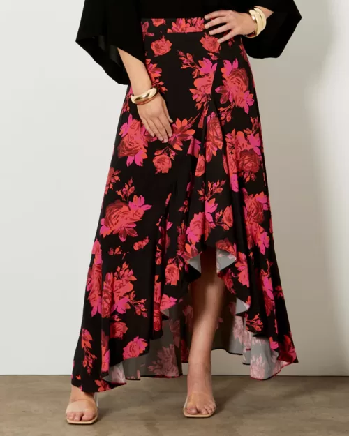 Walk Away Midi Wrap Skirt - Fate & Becker - Pink/Black Punch Floral - Front View 1 - Sold here at Fushia Belle Boutique
