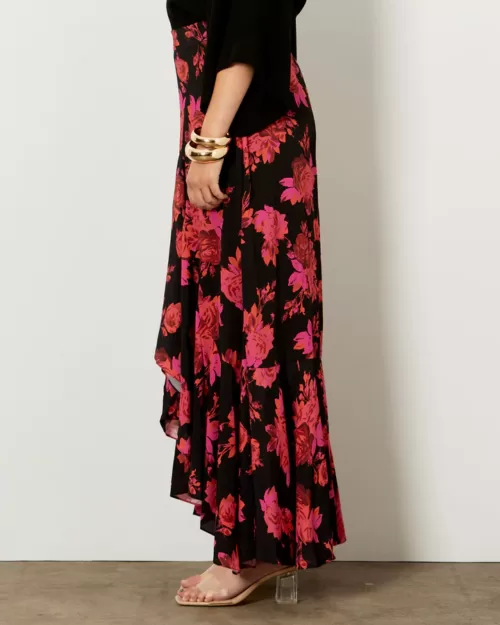 Walk Away Midi Wrap Skirt - Fate & Becker - Pink/Black Punch Floral - Side View - Sold here at Fushia Belle Boutique