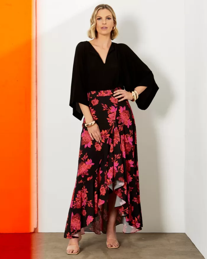 Walk Away Midi Wrap Skirt - Fate & Becker - Pink/Black Punch Floral - Front View 2 - Sold here at Fushia Belle Boutique