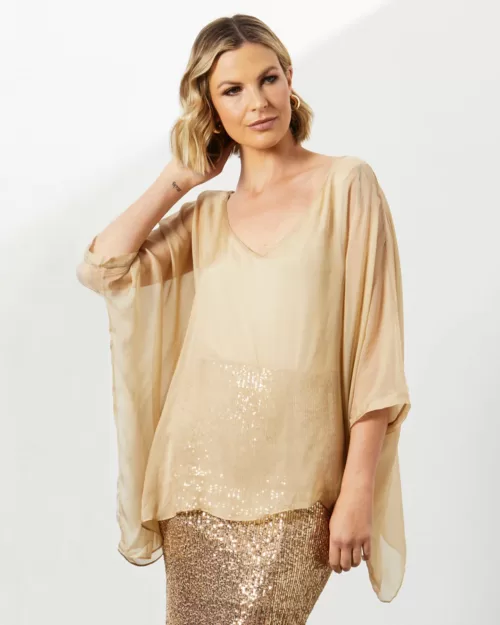 Summer Fever Silk Top - Fate & Becker - Champagne - Front View - Sold here at Fushia Belle Boutique