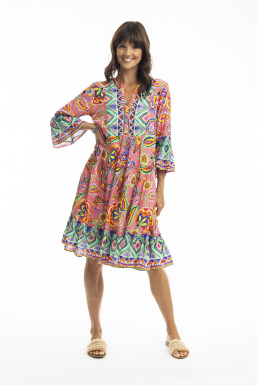 Orientique – Gabriella Pink 3/4 Sleeve Layered Dress. Front View.