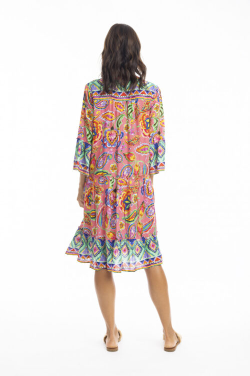 Orientique – Gabriella Pink 3/4 Sleeve Layered Dress. Back View.