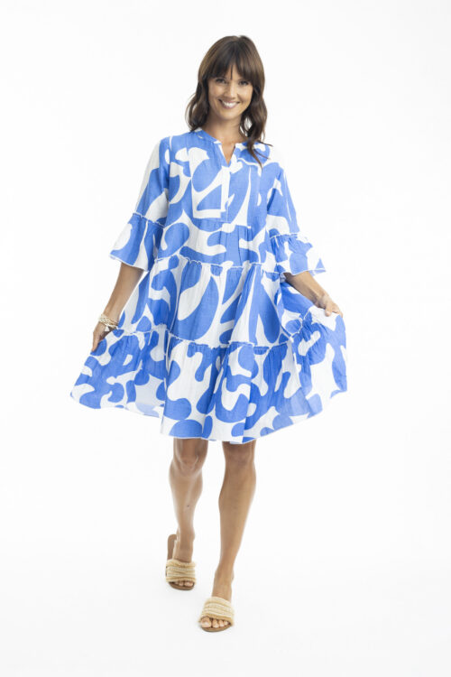 Orientique - Print Linen 3/4 Sleeve Layered Dress. Front View.