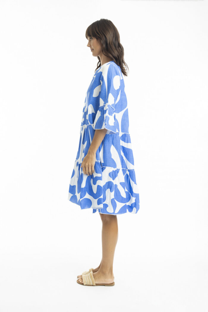 Orientique - Print Linen 3/4 Sleeve Layered Dress. Side View.