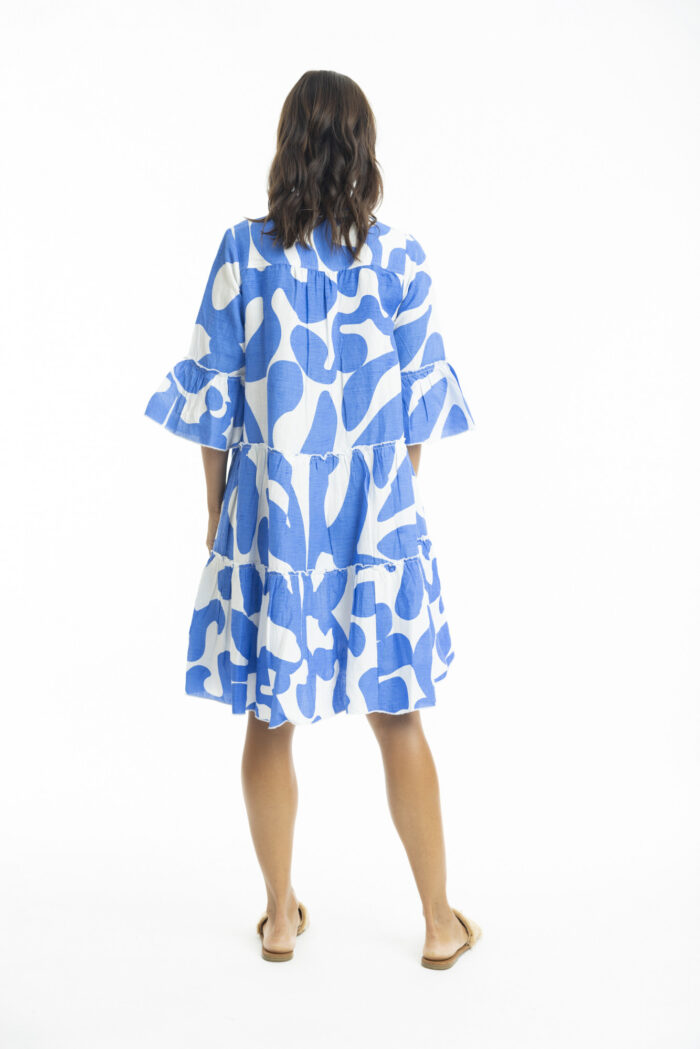 Orientique - Print Linen 3/4 Sleeve Layered Dress. Back View.