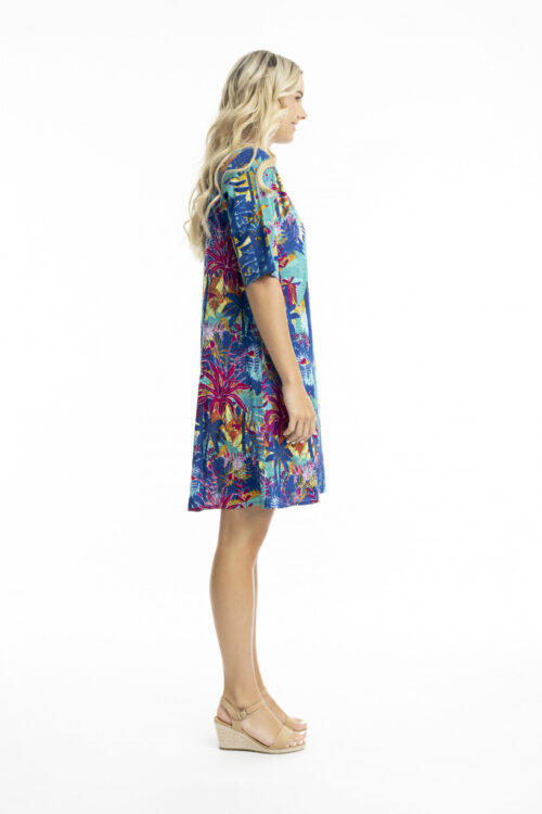 Orientique – Printed Cotton Elbow Length Sleeve Dress. Tropical Batiq Print. Side.